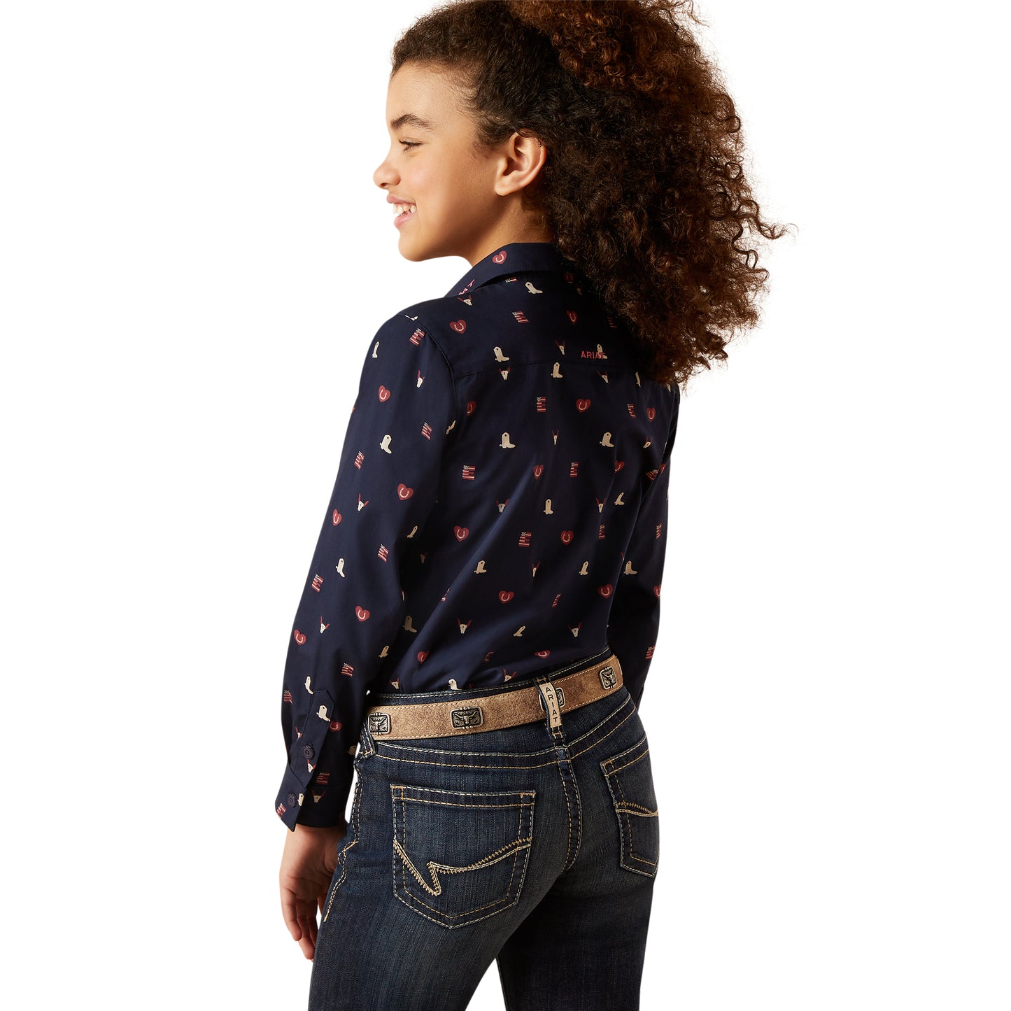 Ariat Youth Girl's Team Kirby Western Love Navy Blue Button Shirt 10046057