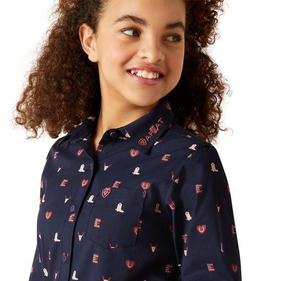 Ariat Youth Girl's Team Kirby Western Love Navy Blue Button Shirt 10046057