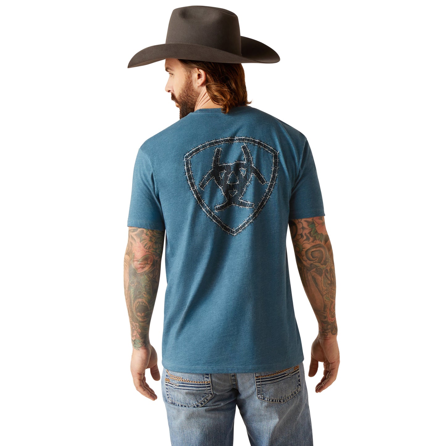 Load image into Gallery viewer, Ariat Men&amp;#39;s Western Wire Graphic Logo Steel Blue Heather T-Shirt 10047902
