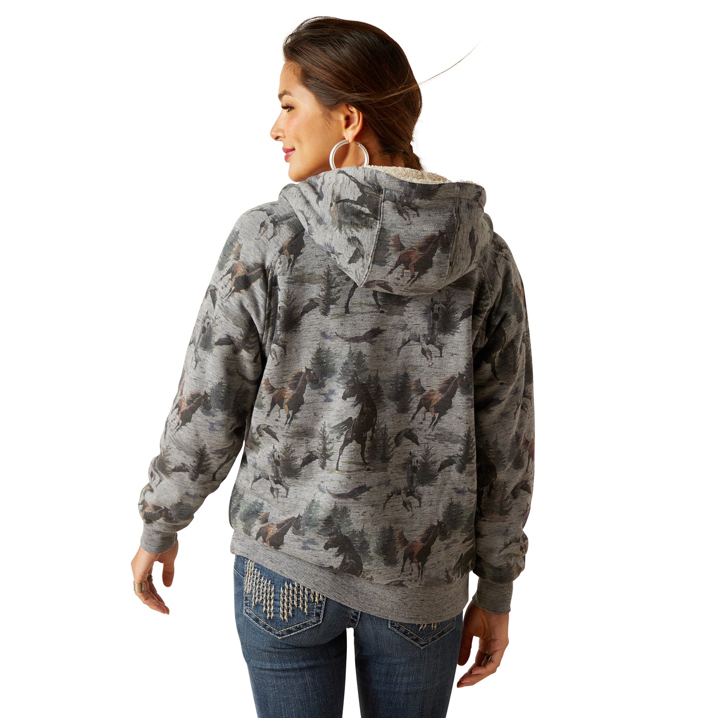 Load image into Gallery viewer, Ariat Ladies R.E.A.L. Sherpa Misty Horse Print Full Zip Hoodie 10047230
