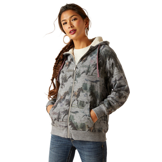 Load image into Gallery viewer, Ariat Ladies R.E.A.L. Sherpa Misty Horse Print Full Zip Hoodie 10047230

