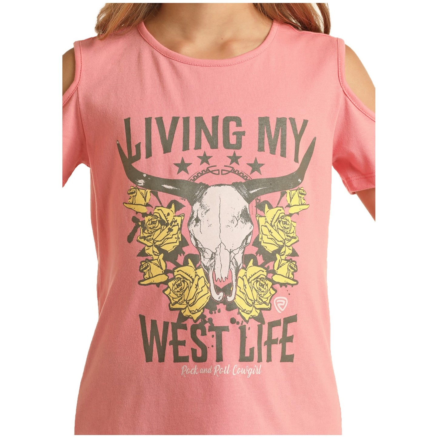 Rock & Roll Cowgirl® Girl's Skull Print Cold Shoulder T-Shirt G3T3347