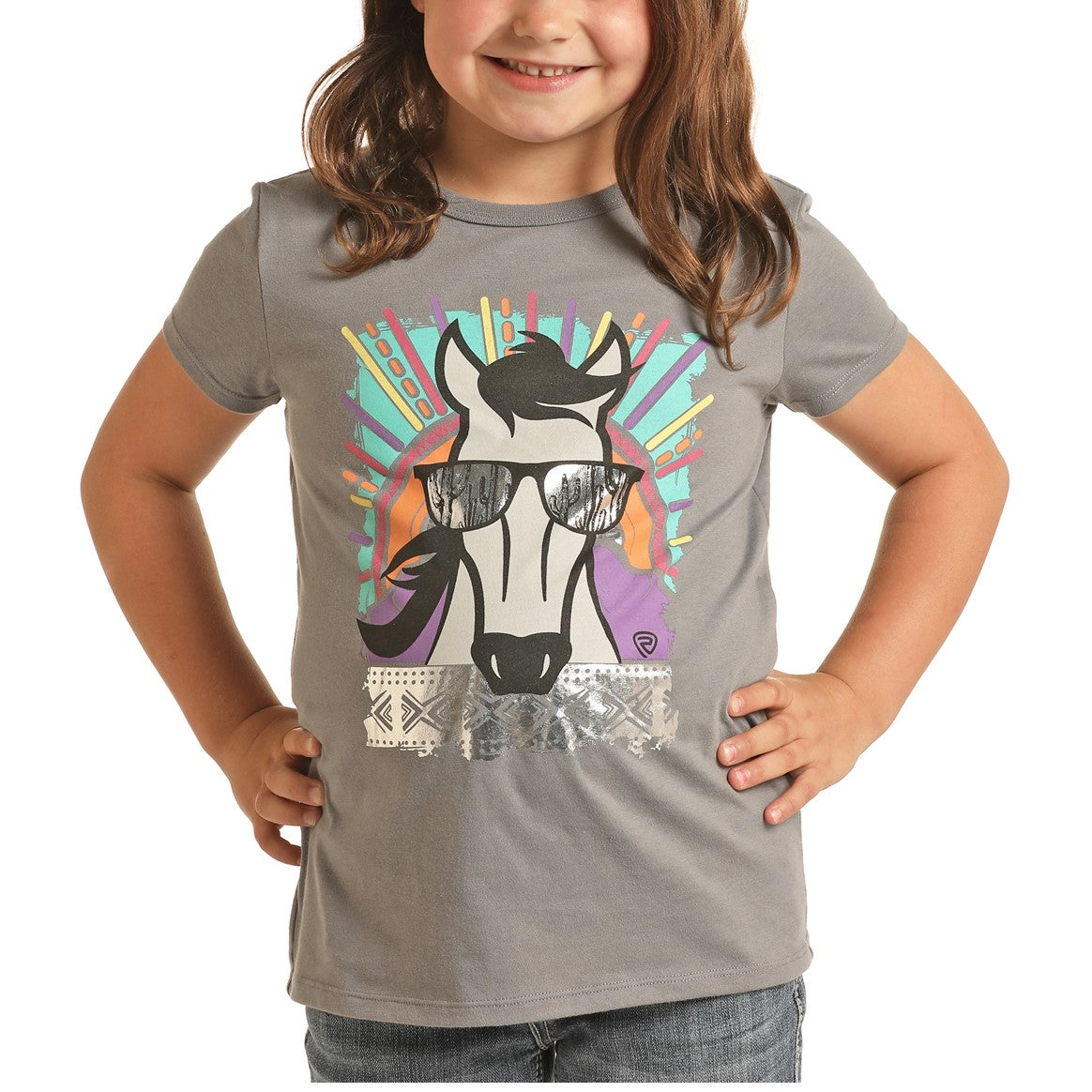 Rock & Roll Cowgirl® Girl's Horse Sunset Graphic Grey T-Shirt G3T3348