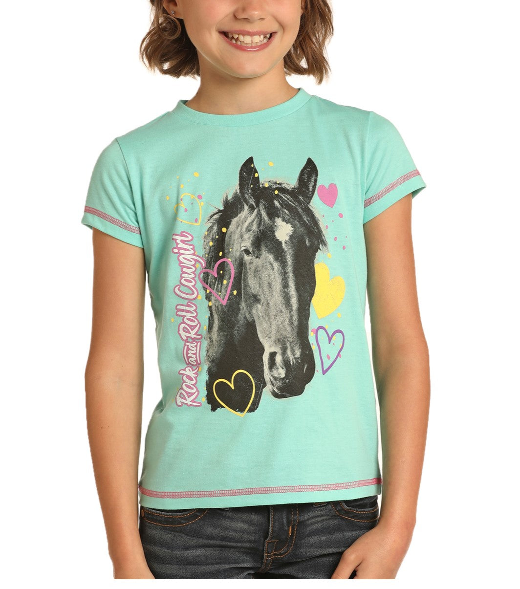 Rock & Roll Cowgirl Children's Horse Graphic Seafoam T-Shirt G3T4645
