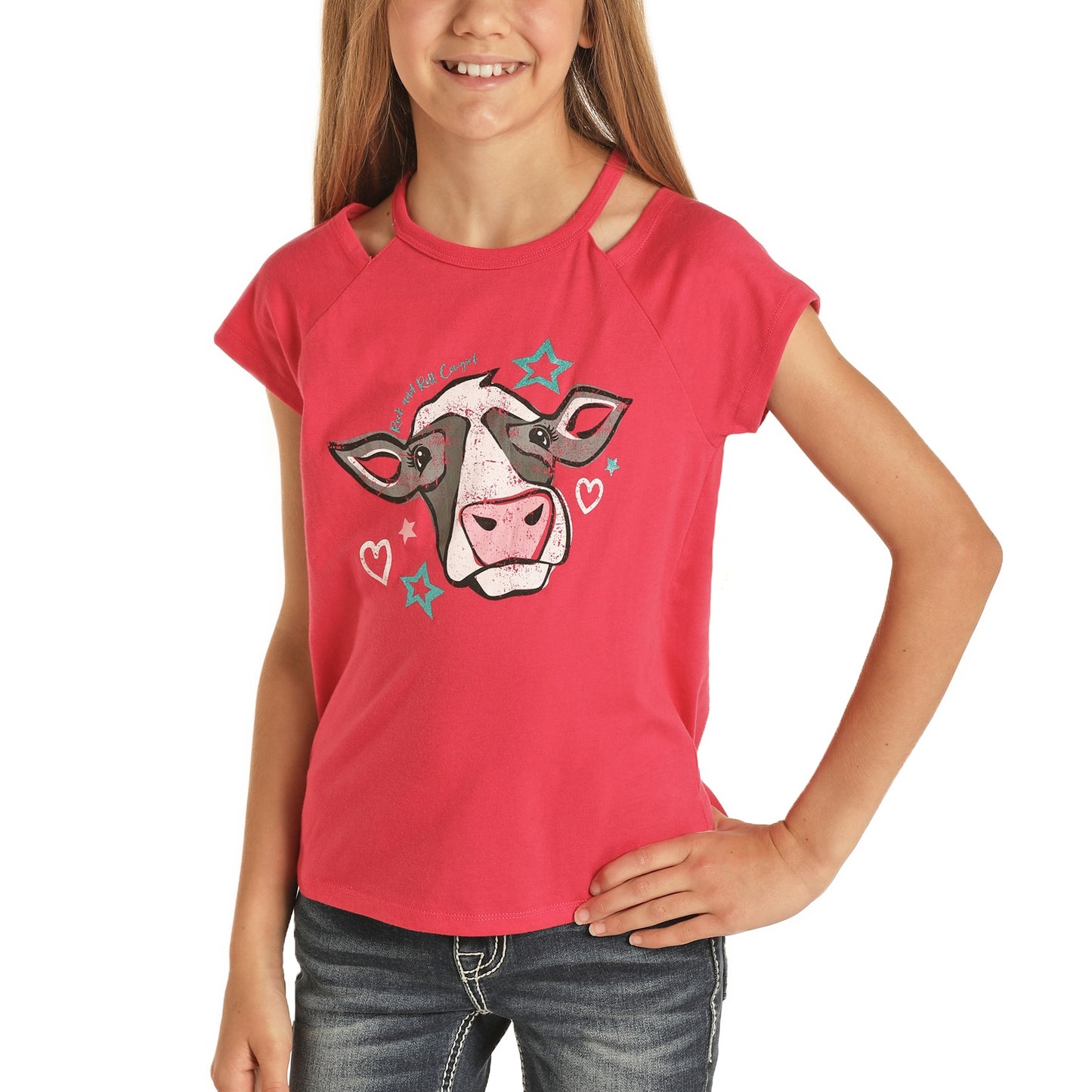 Rock & Roll Cowgirl Children's Cow Graphic Pink T-Shirt G3T8121