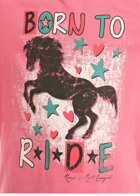 Rock & Roll Cowgirl Girls Born To Ride Horse Pink T-Shirt G4T2251