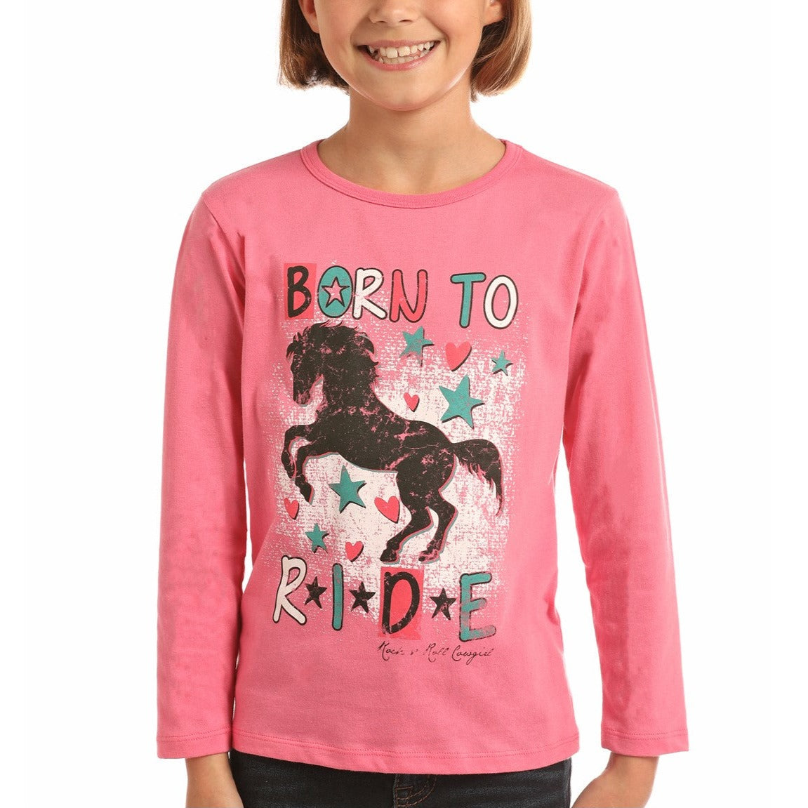 Rock & Roll Cowgirl Girls Born To Ride Horse Pink T-Shirt G4T2251