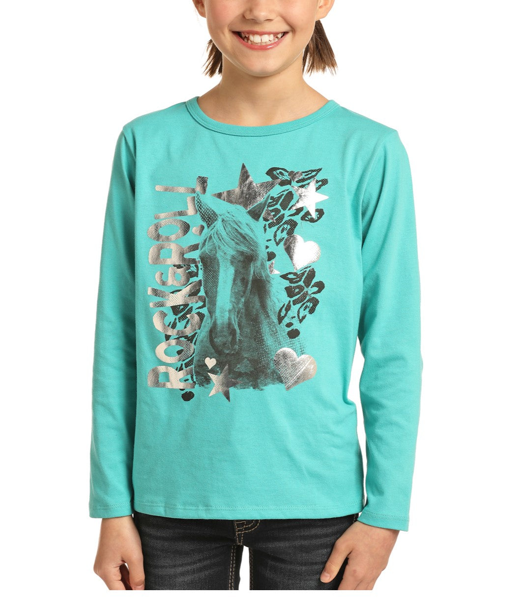 Rock & Roll Cowgirl Girls Horse Graphic Long Sleeve Teal T-Shirt G4T3315