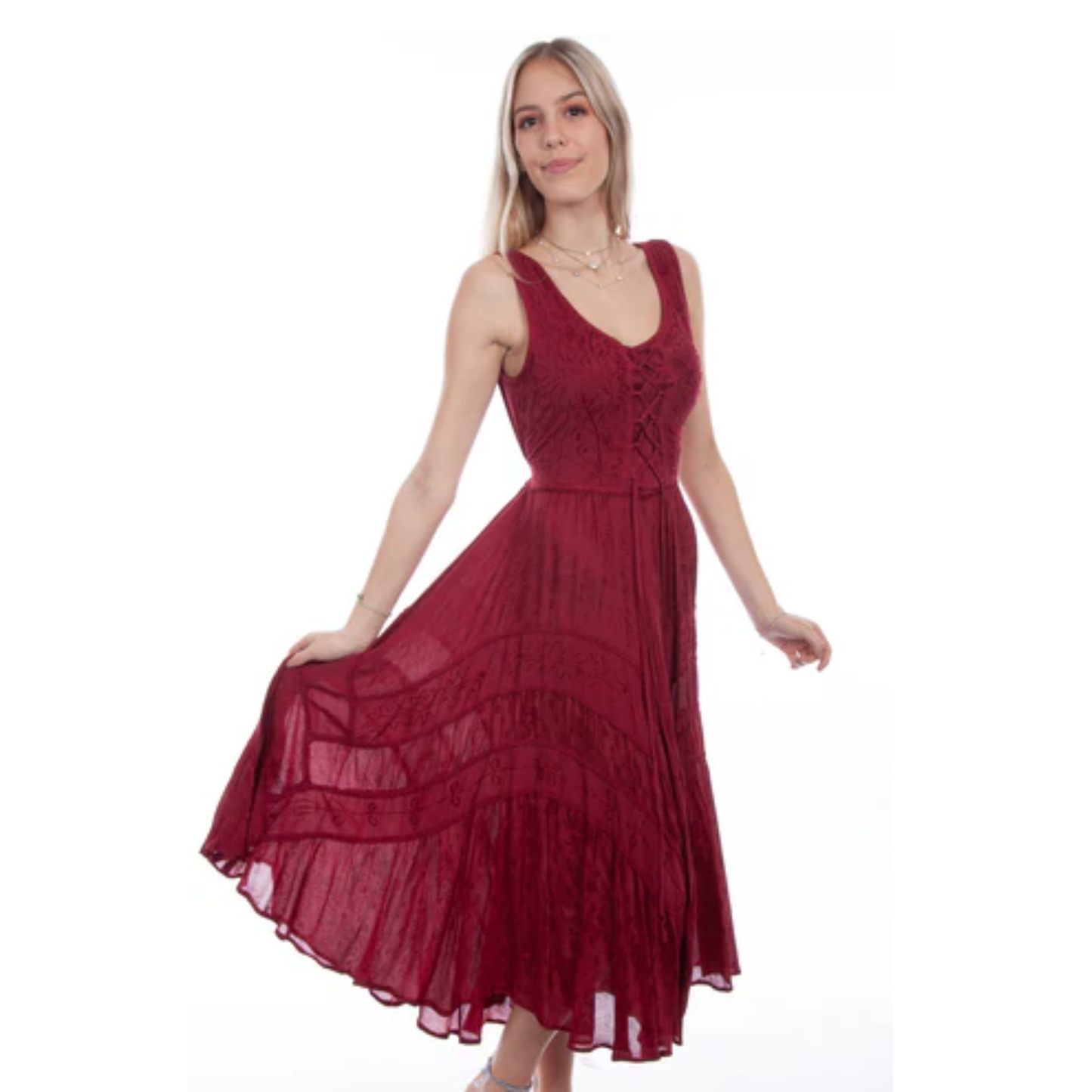 Scully® Ladies Burgundy Lace Up Peasant Tiered Dress HC118-BUR