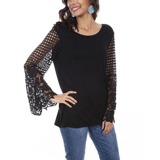 Scully Ladies Knit Lace Long Sleeves Black Top HC554