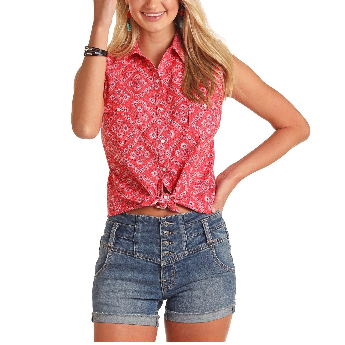 Panhandle Red Label Ladies Sleeveless Snap Red Blouse J1S9225