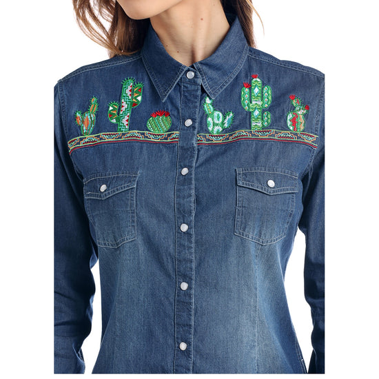 Panhandle Red Label Ladies Cactus Embroidery Denim Snap Shirt J2S2078