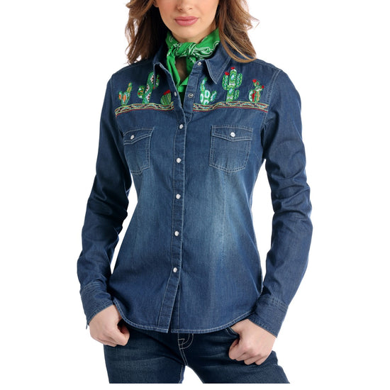 Panhandle Red Label Ladies Cactus Embroidery Denim Snap Shirt J2S2078