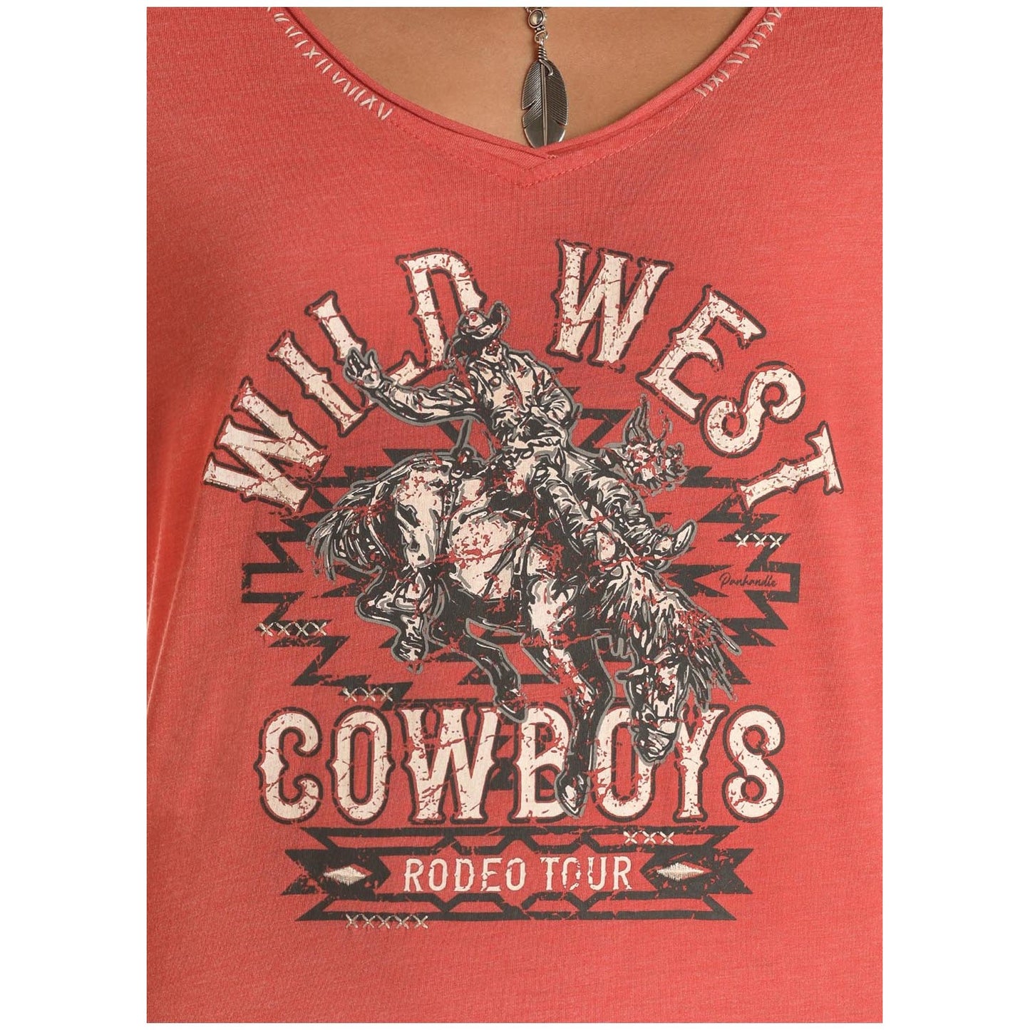 Panhandle Ladies Wild West Cowboys Rodeo Print Orange T-Shirt L8T3463