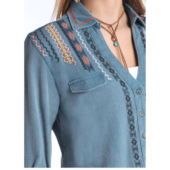 Load image into Gallery viewer, Panhandle White Label Ladies Blue Knit Button Down Shirt L8T4313
