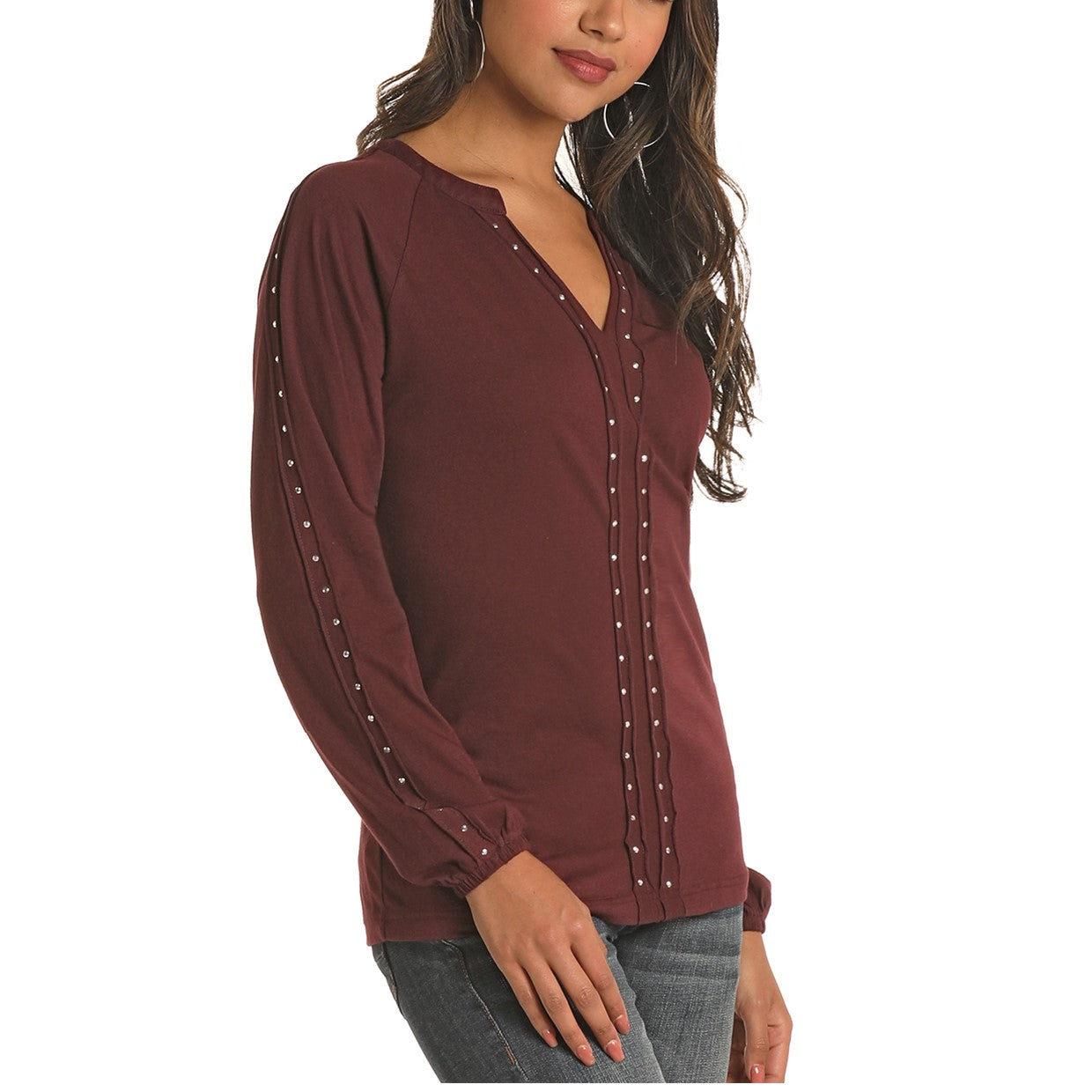 Panhandle Ladies Knit Peasant Maroon With Studs Shirt L8T7216-60