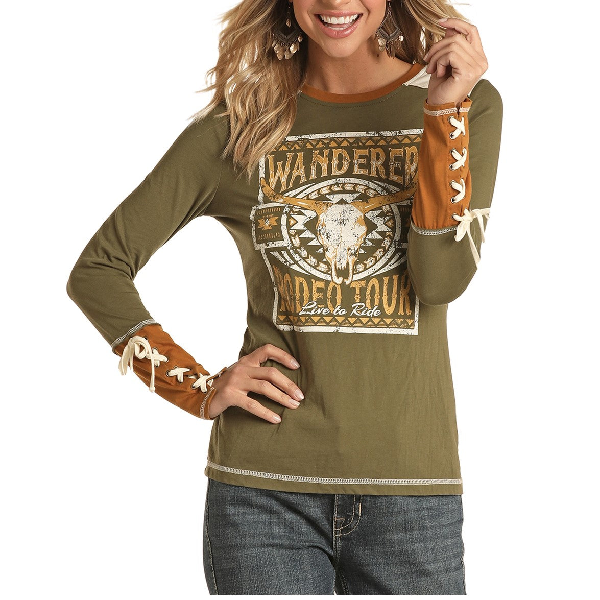Load image into Gallery viewer, Panhandle® Ladies Olive Green Graphic Lace Up Cuff Shirt L8T7223-31
