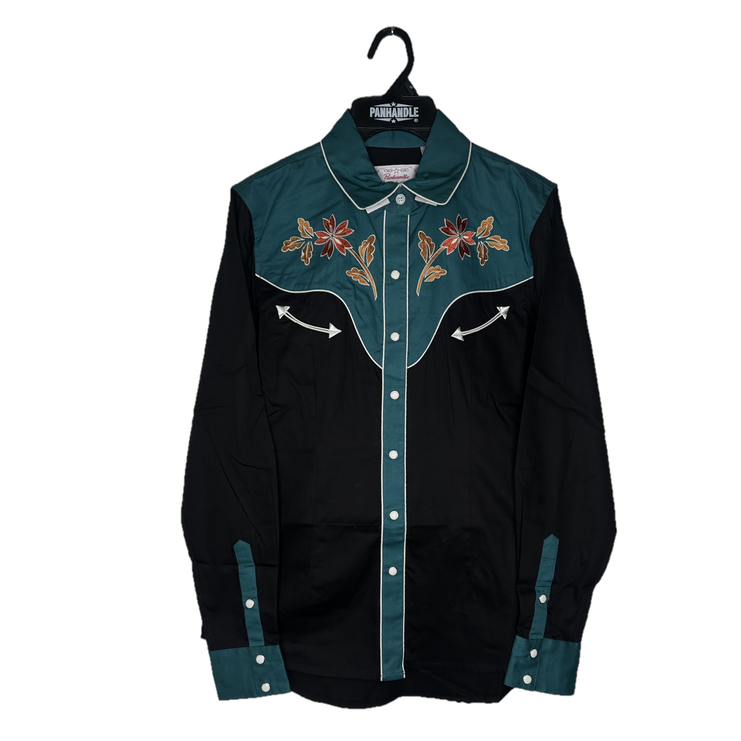 Panhandle Ladies Retro Embroidered Black & Turquoise Snap Western Shirt LWN2S02409