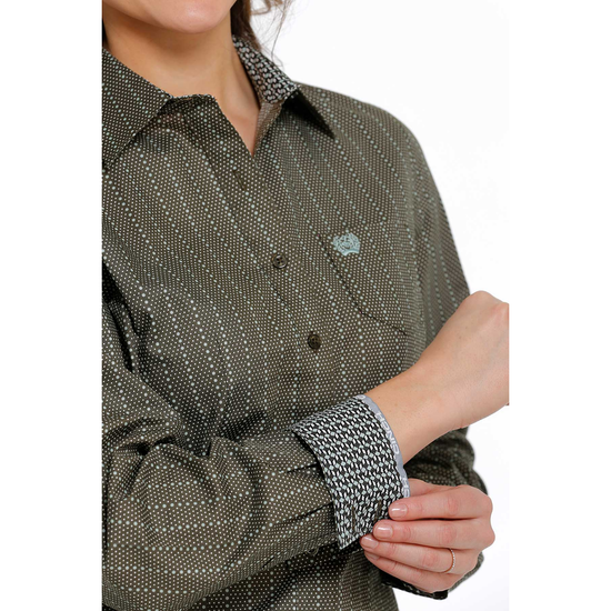 Cinch® Ladies Geometric Print Olive Green Button Down Shirt MSW9164191