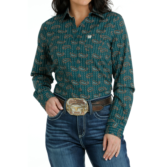 Cinch Ladies Teal Paisley Print Button Down Shirt MSW9164209
