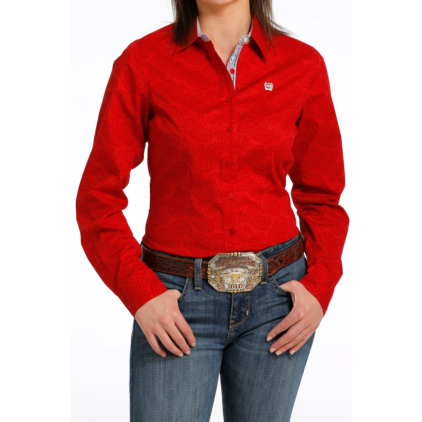 Cinch Ladies Red Paisley Print Button Down Shirt MSW9165035