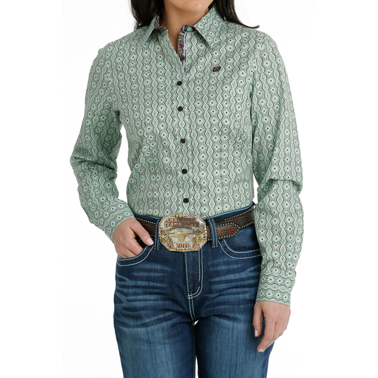 Cinch Ladies Green Western Printed Button Down Shirt MSW9165043
