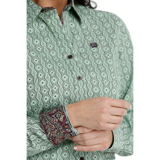 Cinch Ladies Green Western Printed Button Down Shirt MSW9165043