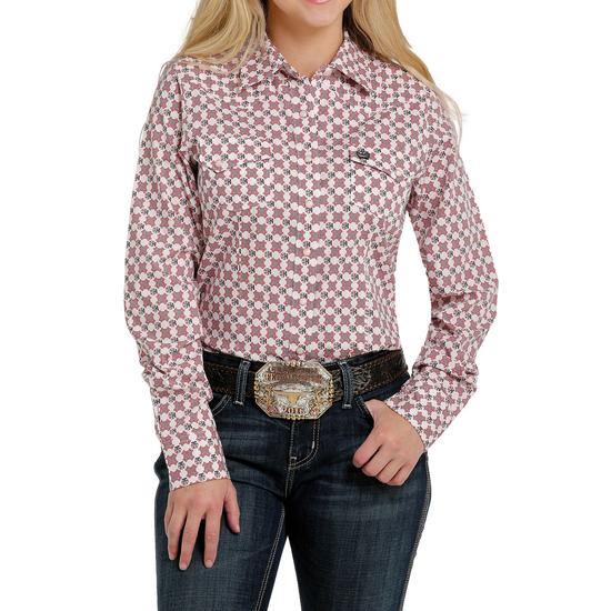 Cinch® Ladies White And Pink Cotton Weave Snap Down Shirt MSW9201030