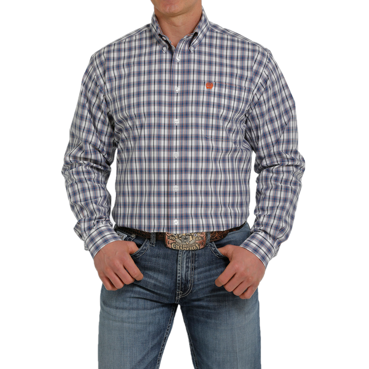 Cinch® Men's Plaid White & Blue Long Sleeve Button Up Shirt MTW1105337