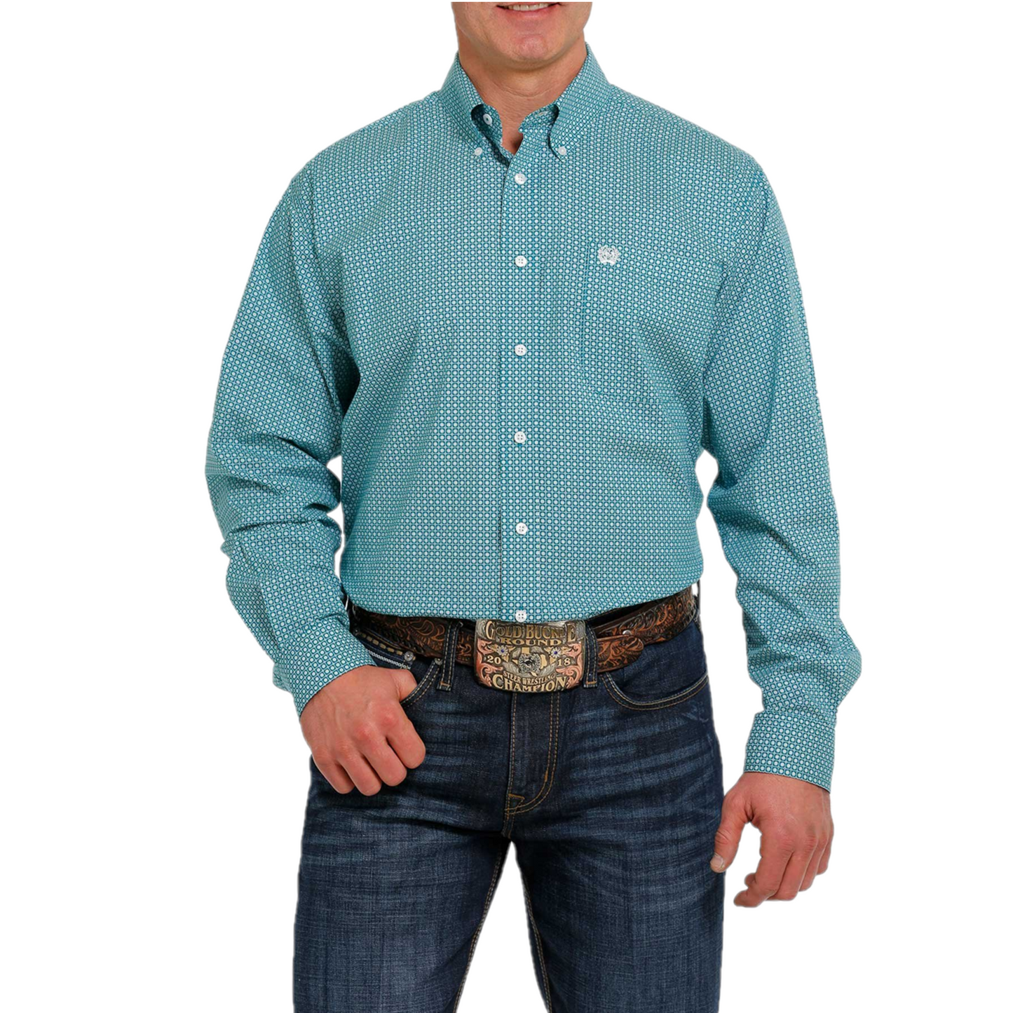 Cinch® Men's Plain Weave Print Teal Button Down Shirt MTW1105498