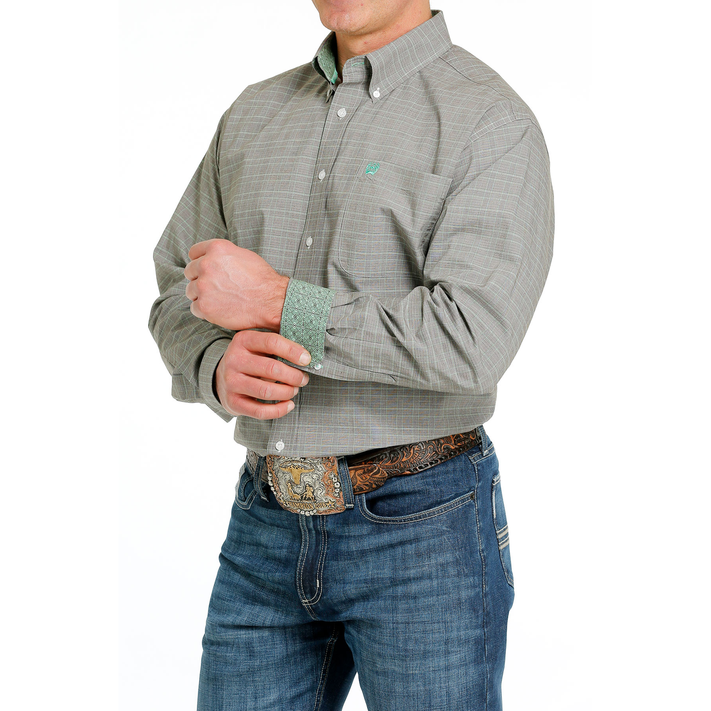 Cinch® Men's Micro Plaid Brown & Green Button Down Shirt MTW1105545