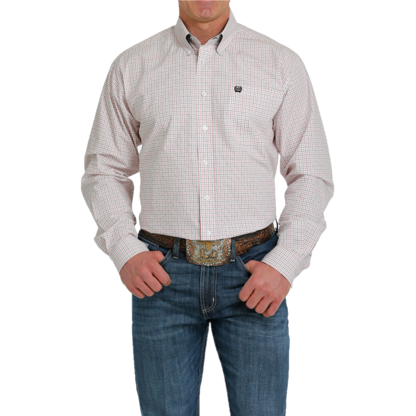 Cinch® Men's White Checkered Print Button Down Shirt MTW1105549