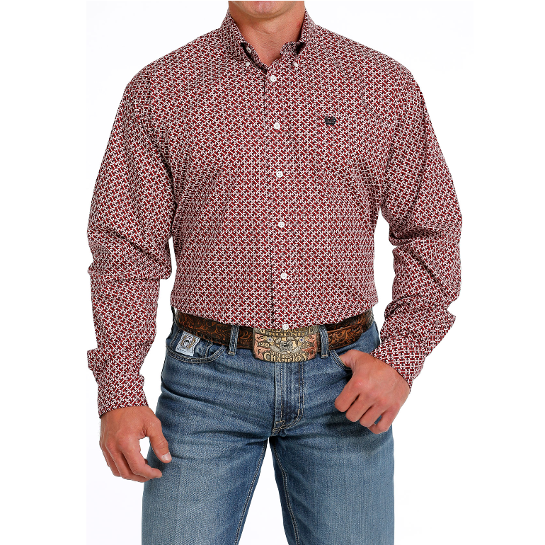 Cinch Men's Red Weave Print Button Down Shirt MTW1105622