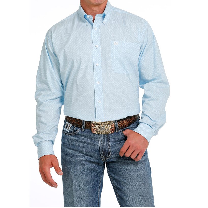 Cinch Men's Light Blue Diamond Print Button Down Shirt MTW1105630