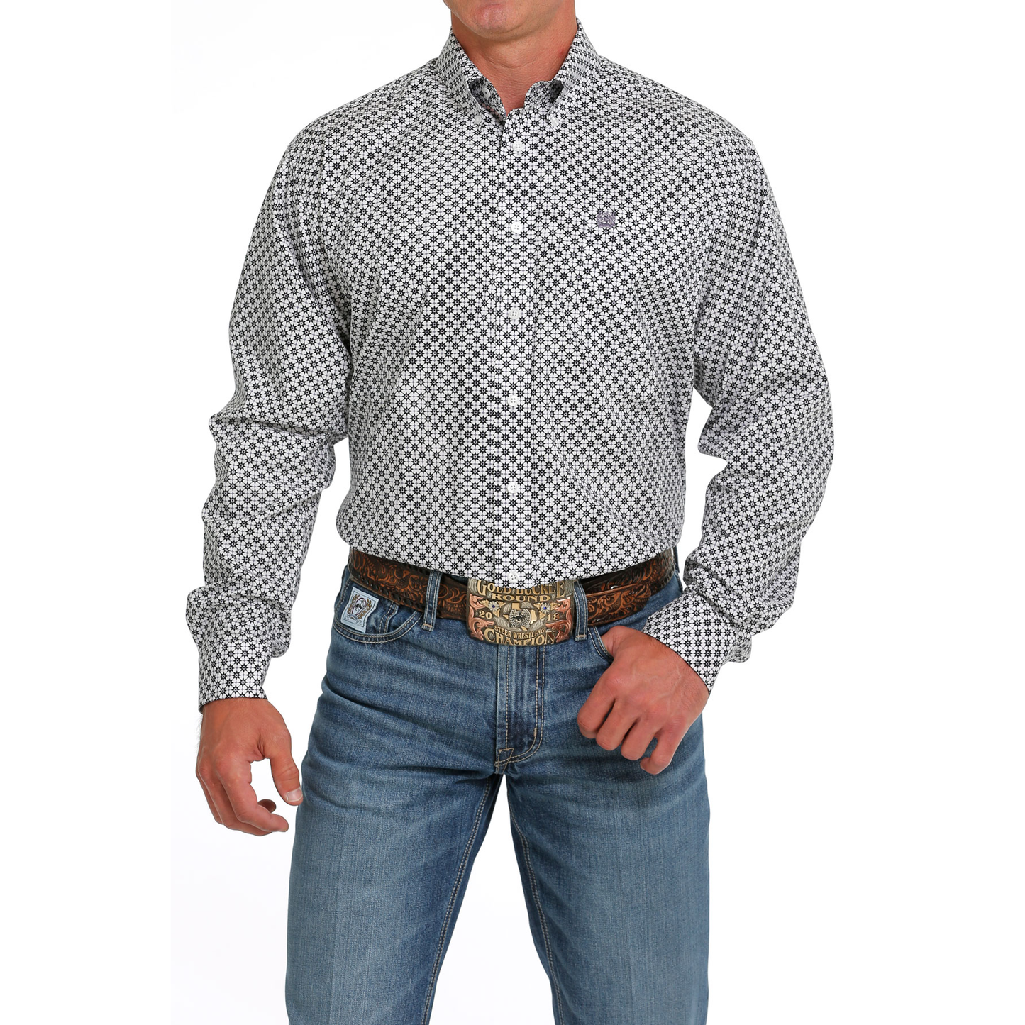Cinch Men's White Star Print Button Down Shirt MTW1105633