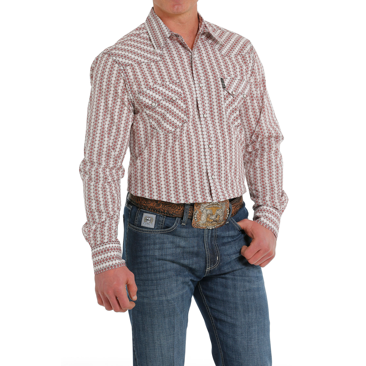 Cinch® Men's Modern Red & White Geometric Print Snap Shirt MTW1301063