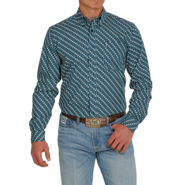 Cinch® Men's Teal Geometric Print Button Down Shirt MTW1347048