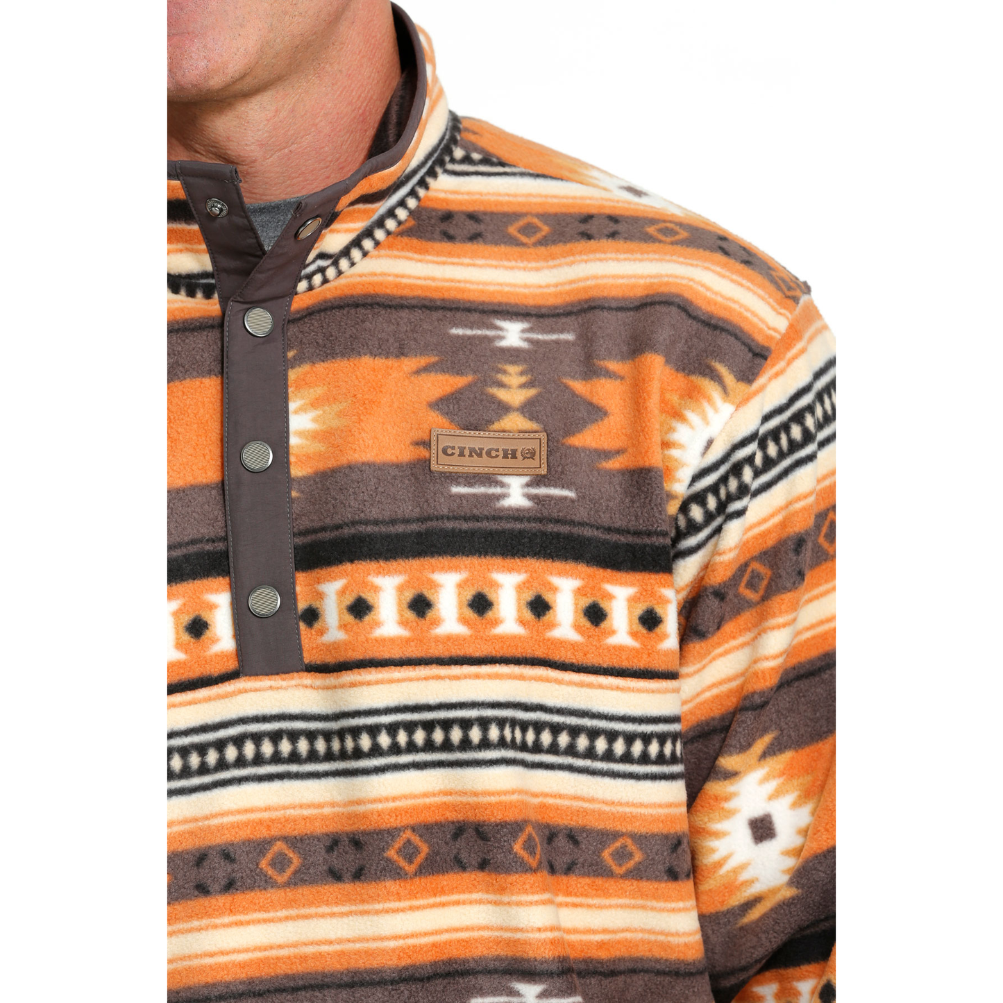 Cinch Men's Grey & Orange Aztec Print Polar Fleece Pullover MWK1514019