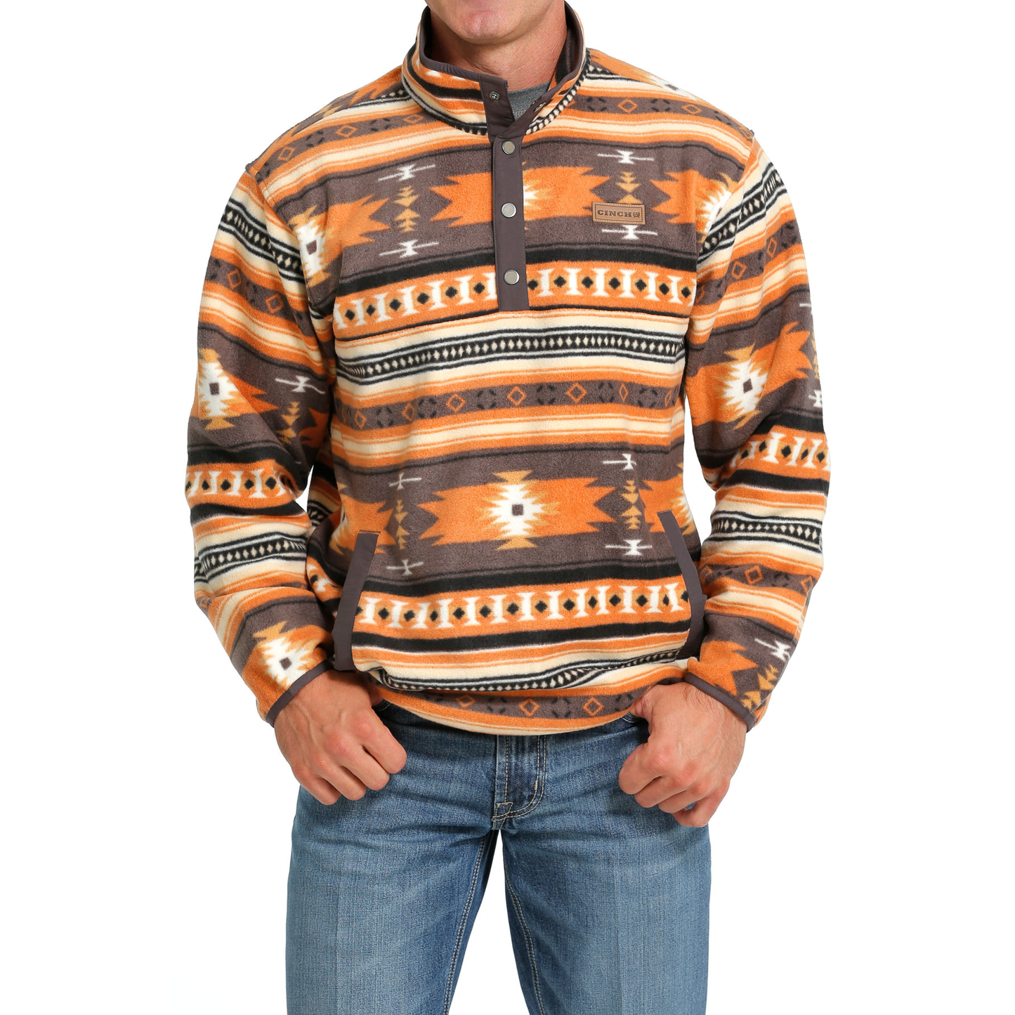 Cinch Men's Grey & Orange Aztec Print Polar Fleece Pullover MWK1514019