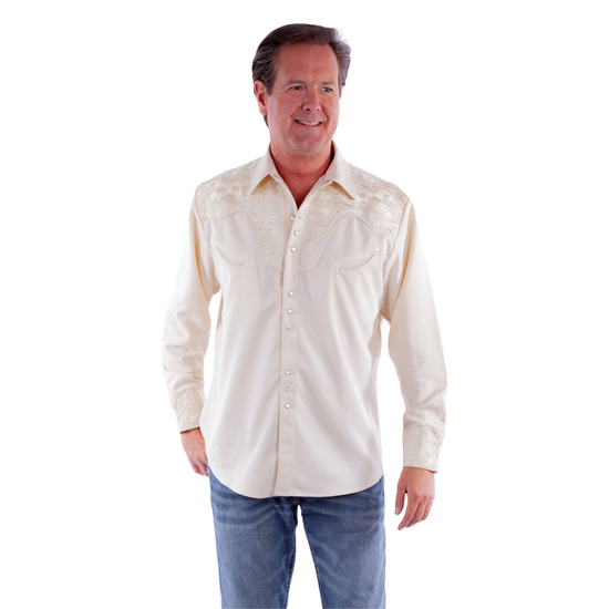 Scully Men's Floral Tooled Embroidery Ivory Beige Snap Shirt P-634-IVO