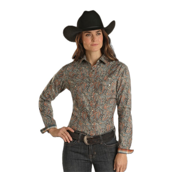 Panhandle Ladies Rough Stock Paisley Print Tan Snap Shirt RWN2S02209