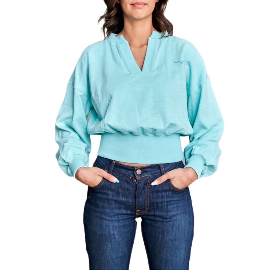 Kimes Ranch Ladies Dewey V Neck Turquoise Pullover Sweatshirt D3029491