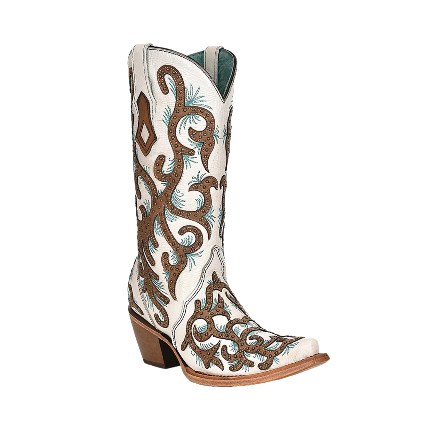 Corral® Ladies White Overlay Turquoise Embroidery Snip Toe Boots C3981