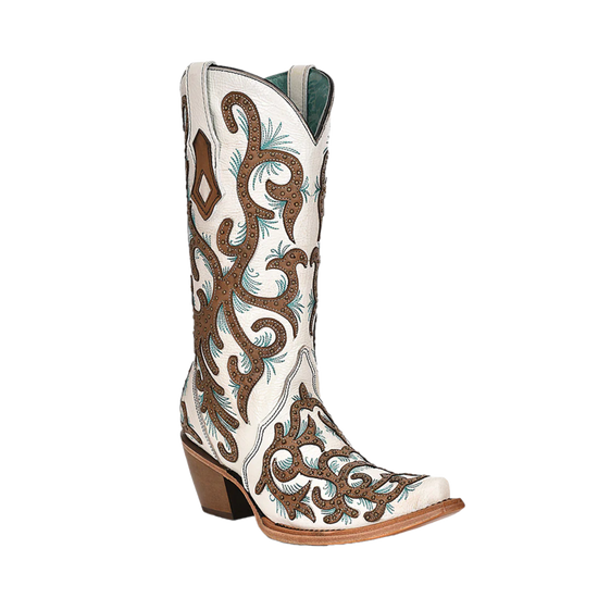 Corral® Ladies White Overlay Turquoise Embroidery Snip Toe Boots C3981