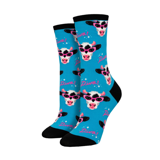 SockSmith Ladies Milk Diva Cow Print Blue Crew Socks WNC2804-BLU