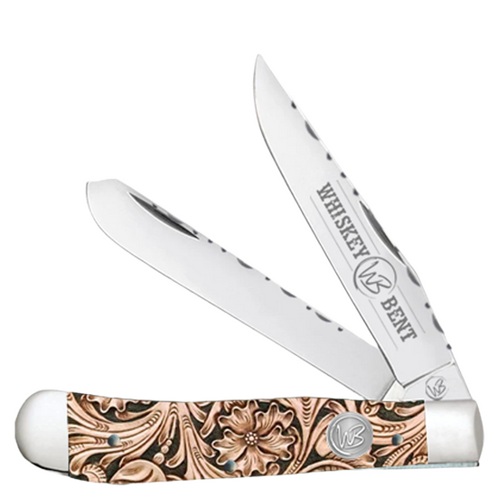 Whiskey Bent Floral Tooled Trapper Filework Pocket Knife WB15F-06