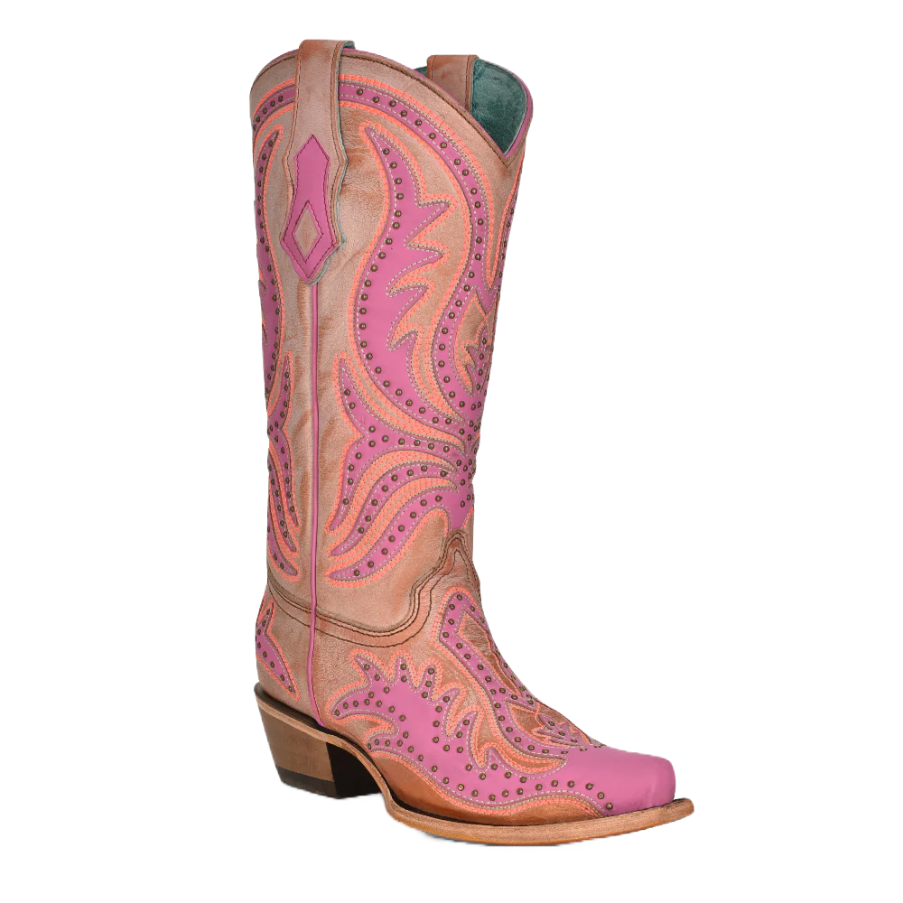 Corral Ladies Pink Overlay Fluorescent Embroidery Western Boots C3970