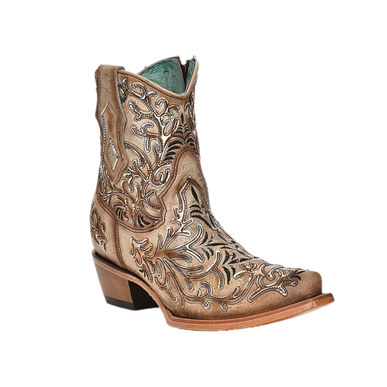 Corral Ladies Bone & Golden Overlay & Embroidery Ankle Boot C4007