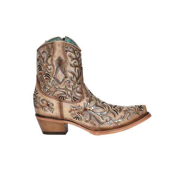Corral Ladies Bone & Golden Overlay & Embroidery Ankle Boot C4007