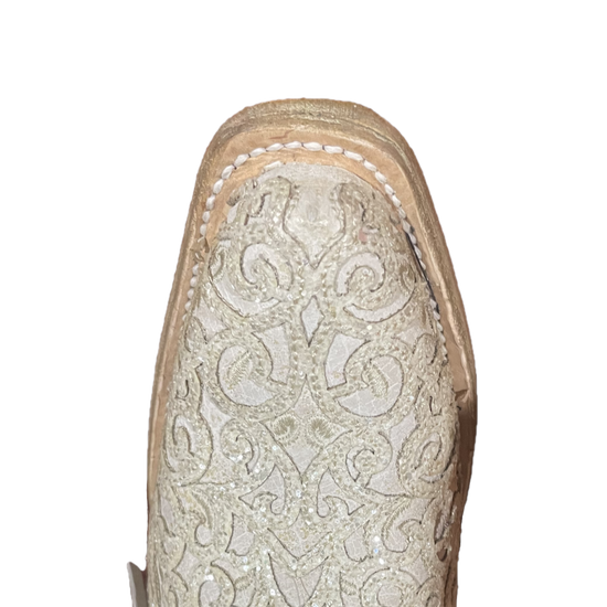 Corral® Ladies Paisley Fringed Lamb Overlay White Snip Toe Boots C3955